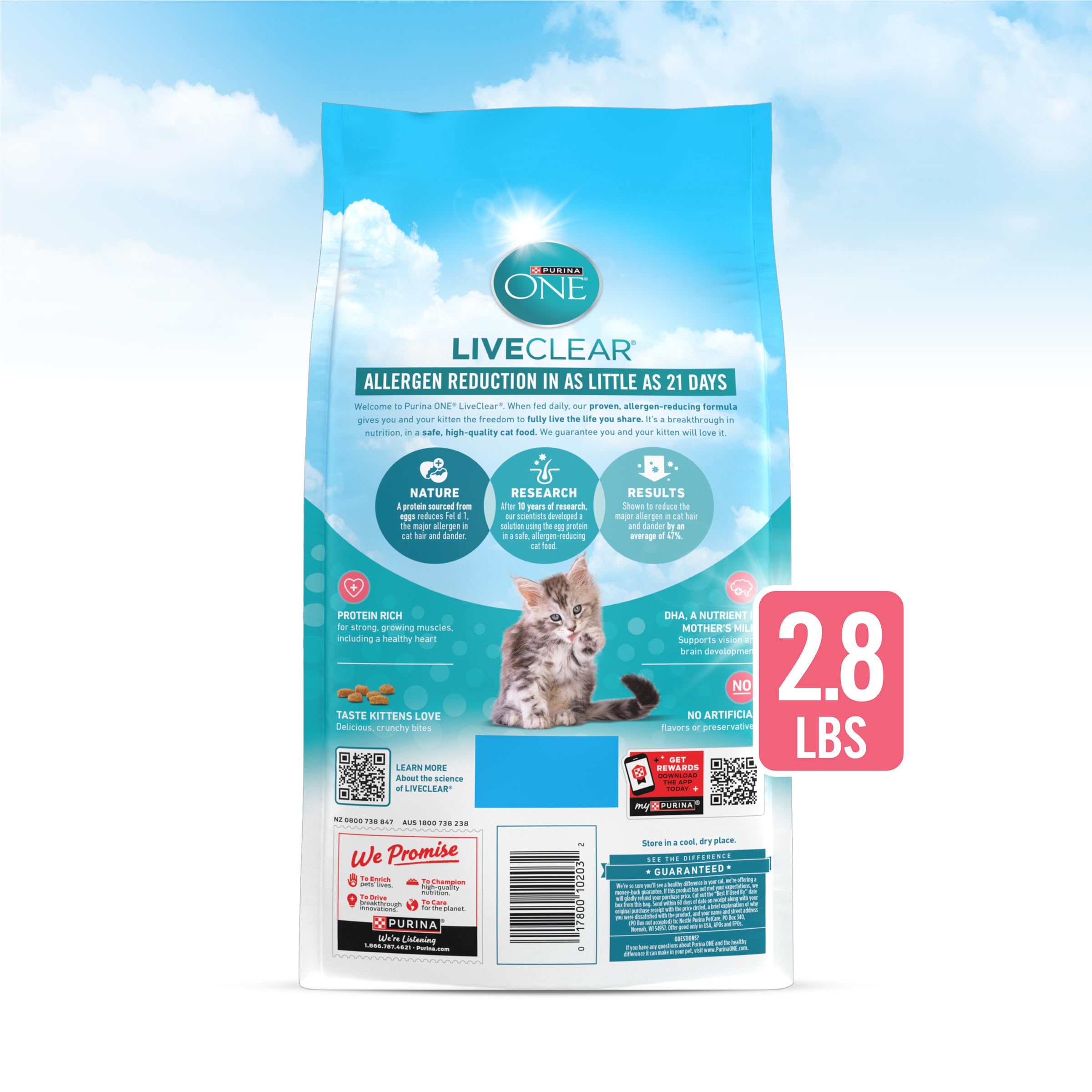 Purina ONE LiveClear DHA icon indicates support for vision and brain development.