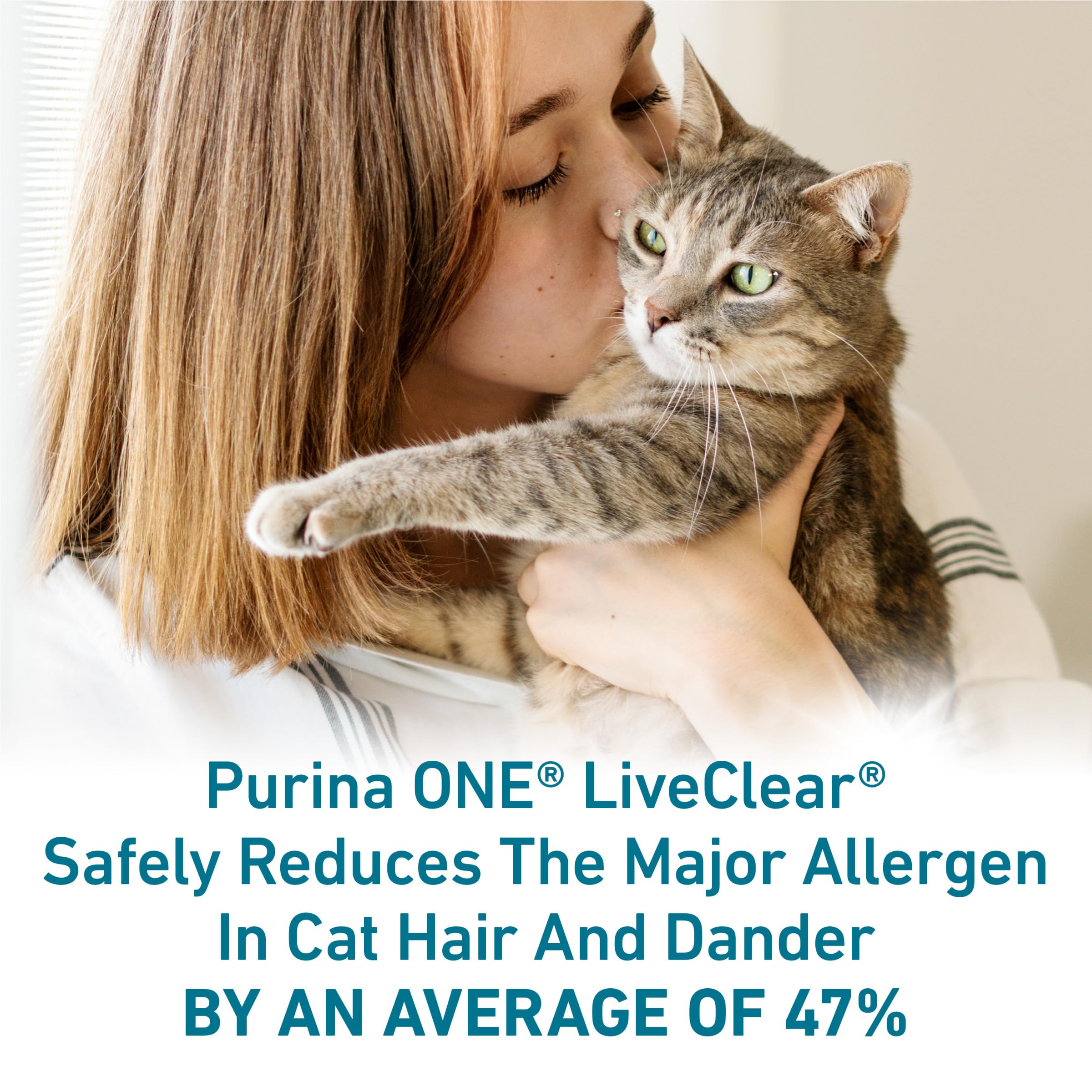 Purina ONE LiveClear dry kibble close-up demonstrates highly digestible ingredients for kittens.
