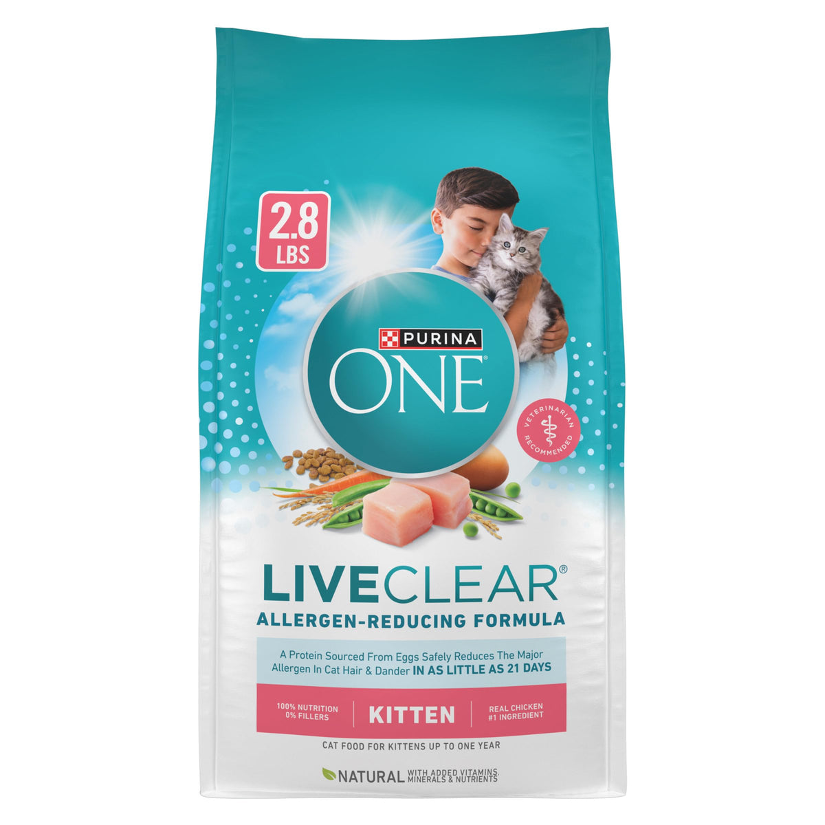 Purina ONE LiveClear kitten food packaging shows 2.8 lb bag for convenient feeding.
