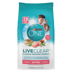 Purina ONE LiveClear kitten food packaging shows 2.8 lb bag for convenient feeding.