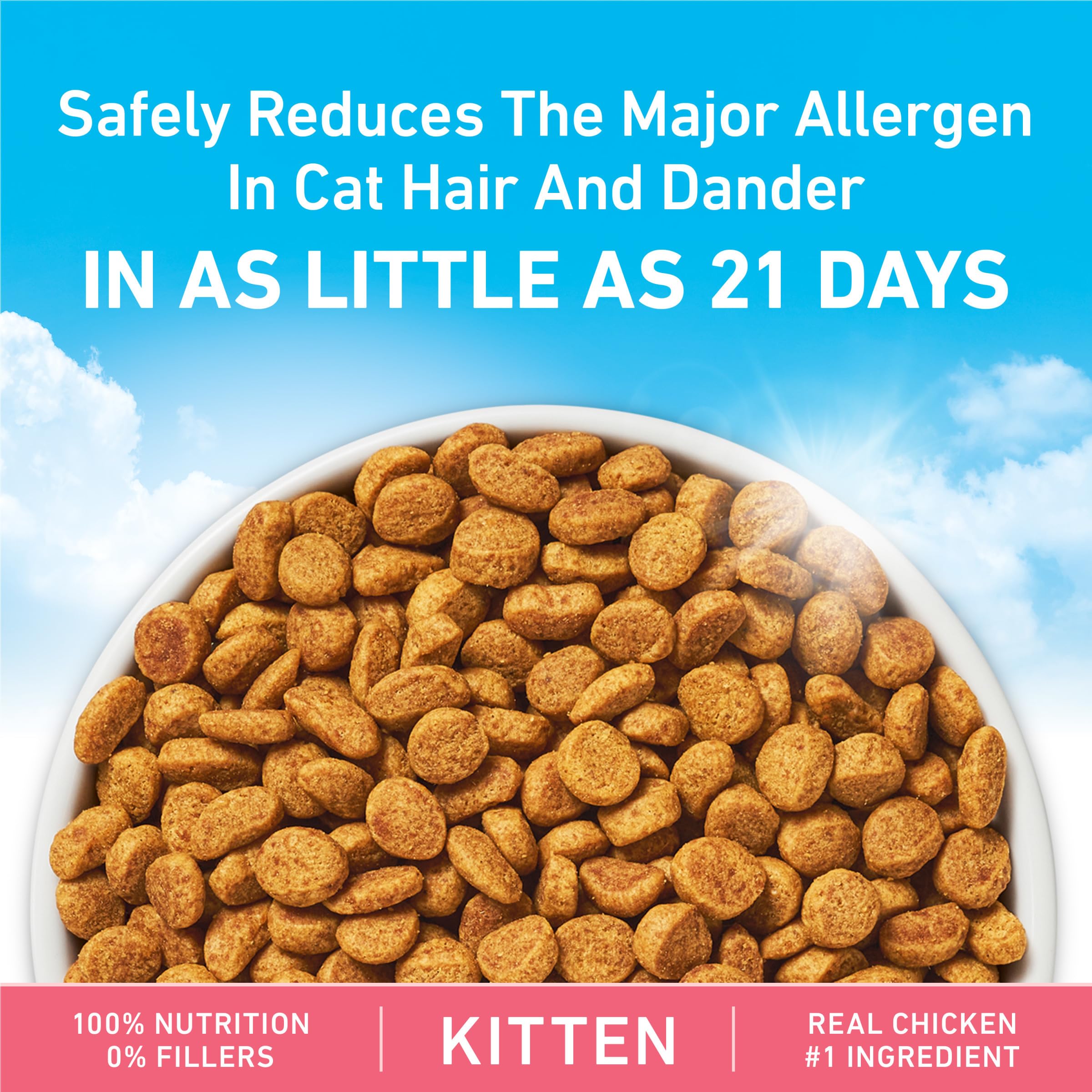 Purina ONE LiveClear close-up highlights real chicken as the first ingredient.