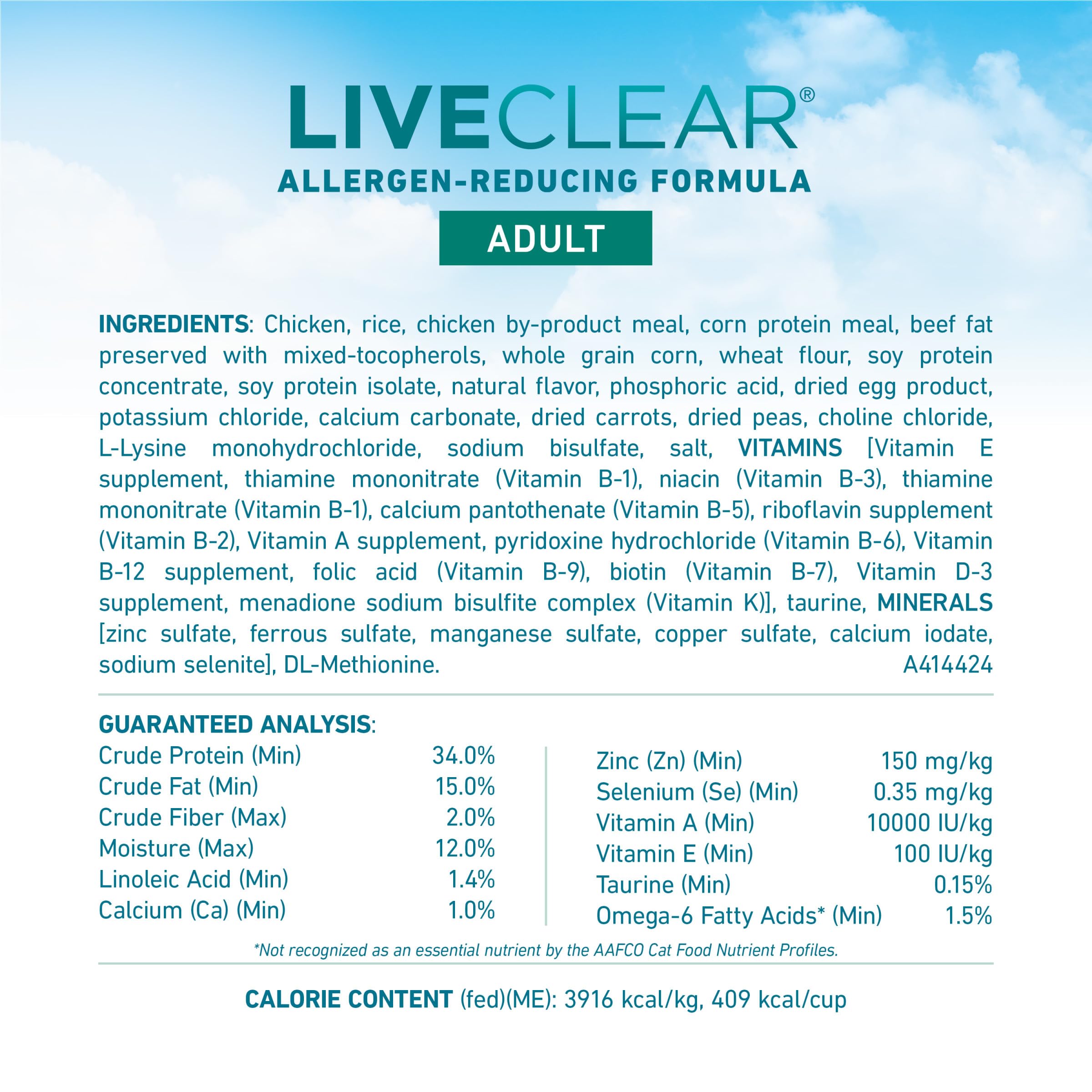 Purina ONE LiveClear label nutrition panel emphasizes complete nutrition with zero fillers.