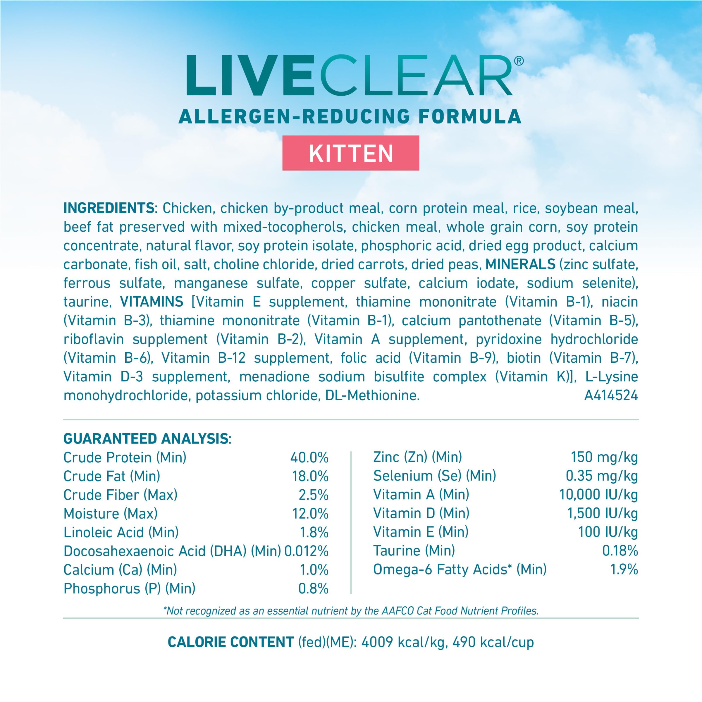 Purina ONE LiveClear omega-6 image highlights skin and coat nourishment.