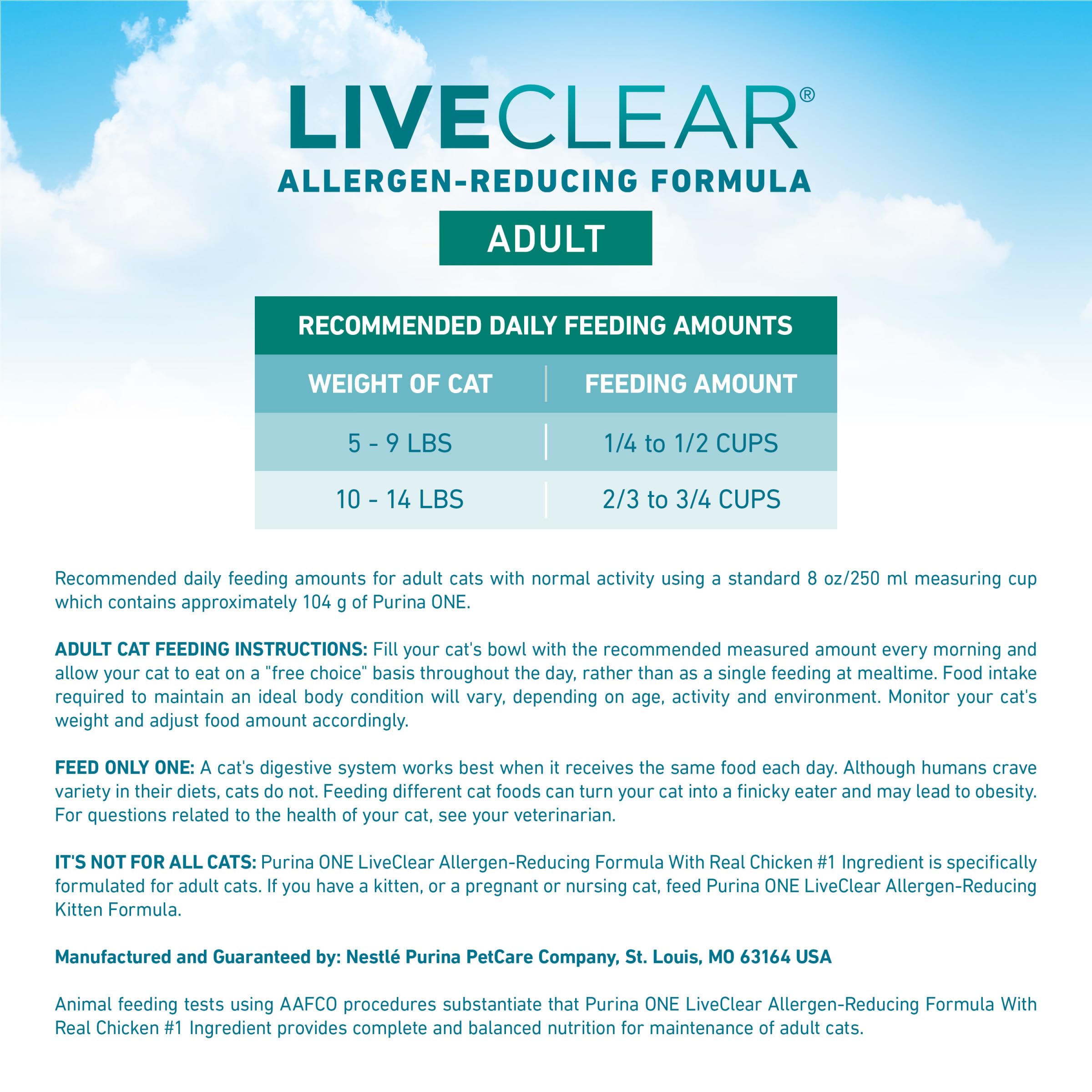 Purina ONE LiveClear packaging close-up shows 3 lb dry cat food packaging.