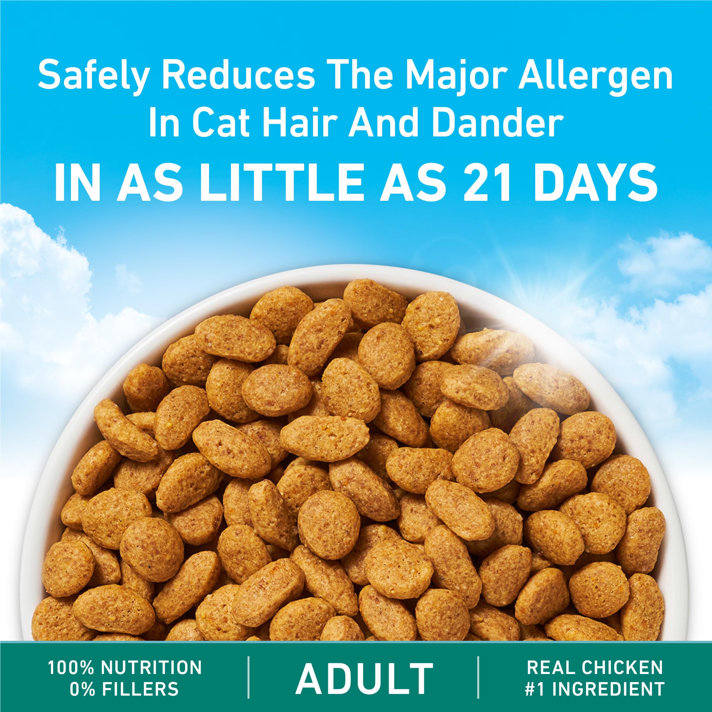 Purina ONE LiveClear real chicken ingredient shown in kibble with high-protein flavor appeal.