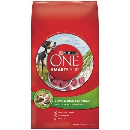 Purina One SmartBlend Lamb Rice dry dog food bag boosts real lamb nutrition