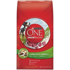 Purina One SmartBlend Lamb Rice dry dog food bag boosts real lamb nutrition