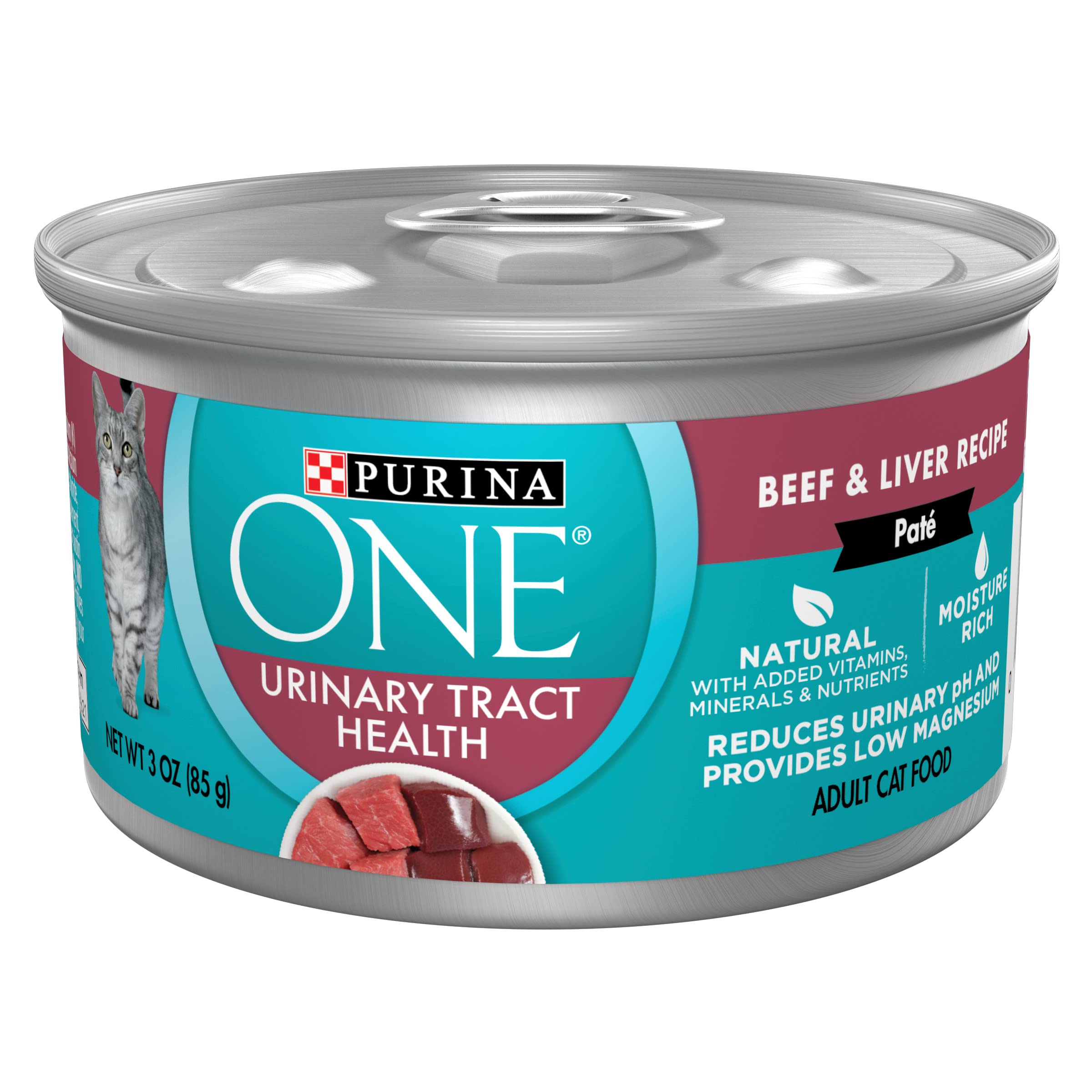 Purina ONE urinary tract health beef liver pate pull-top can for adult cats, bold flavor, targeted support.