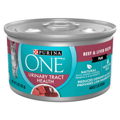Purina ONE urinary tract health beef liver pate pull-top can for adult cats, bold flavor, targeted support.