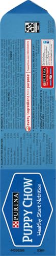 Purina Puppy Chow ingredient panel highlights complete nutrition for growth.