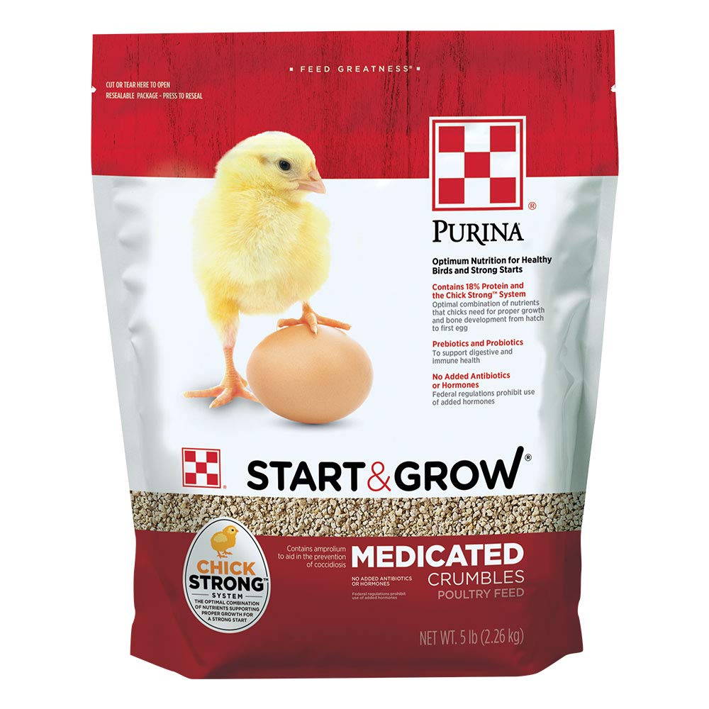 Purina Start & Grow bag with chicks showing medicated chick feed for growth support.