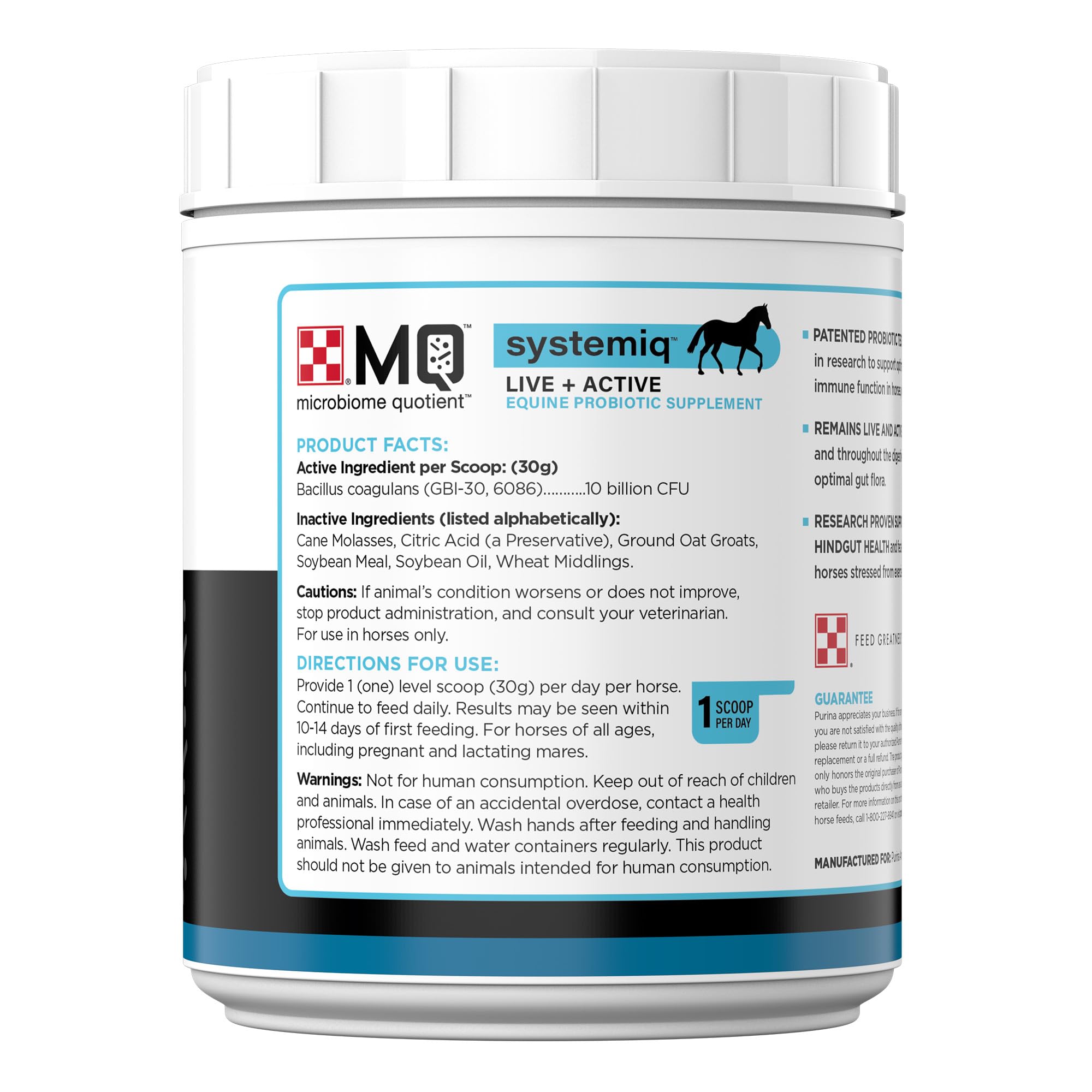Purina Systemiq probiotic poured into stable bowl during routine feeding.