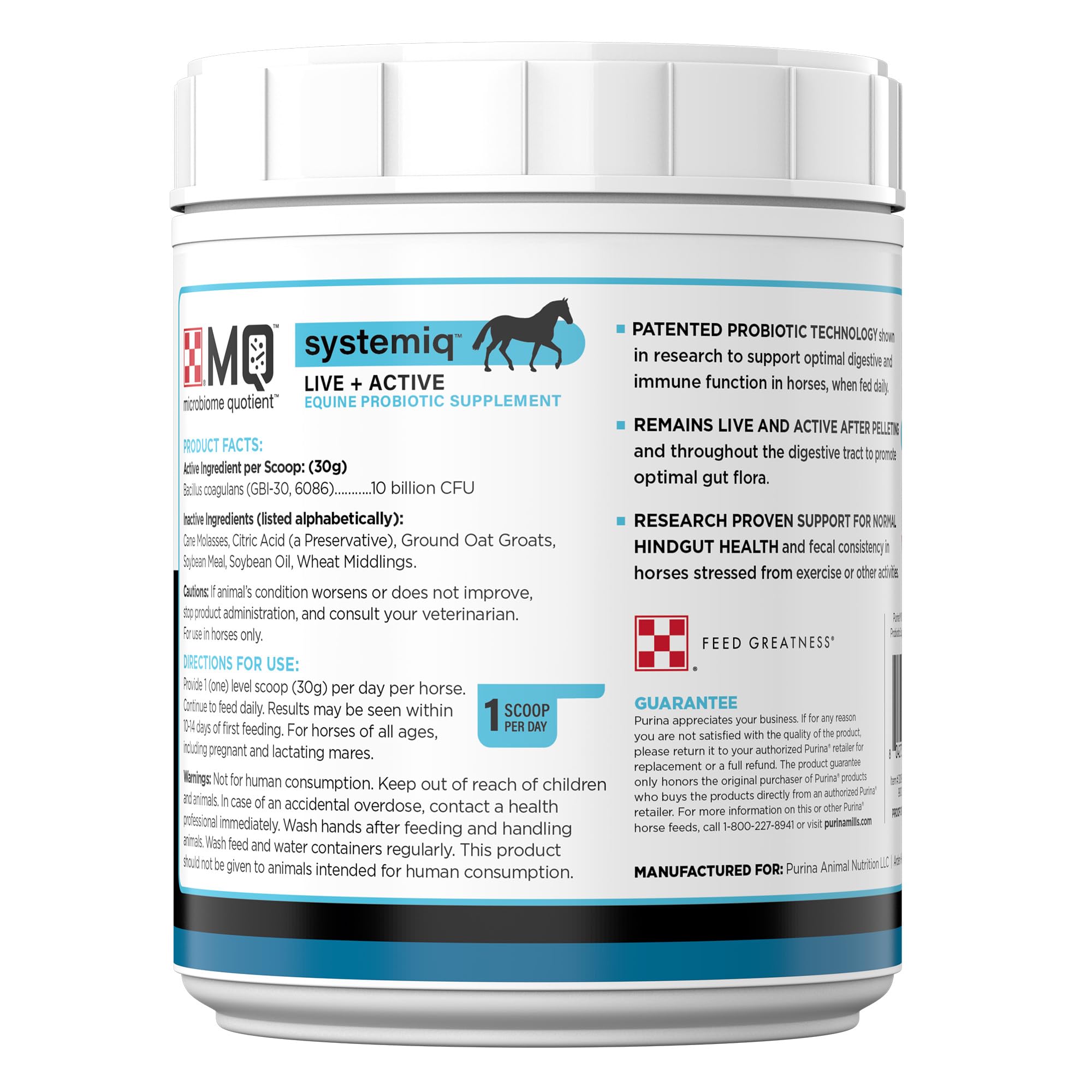 Purina Systemiq probiotic label closeup shows patented technology for daily digestive support.