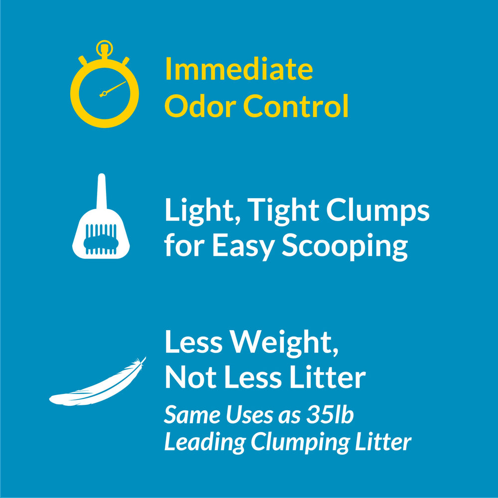 Purina Tidy Cats easy scoop image highlights quick-release deodorizing system