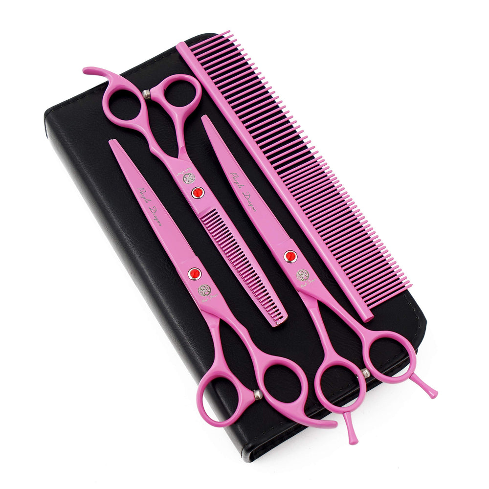 Purple Dragon 7.0-inch pink pet grooming scissors set for cats and dogs, three-piece kit.