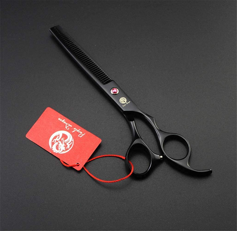 Purple Dragon 7in downward-curved scissor closeup highlights contouring around head and ears.