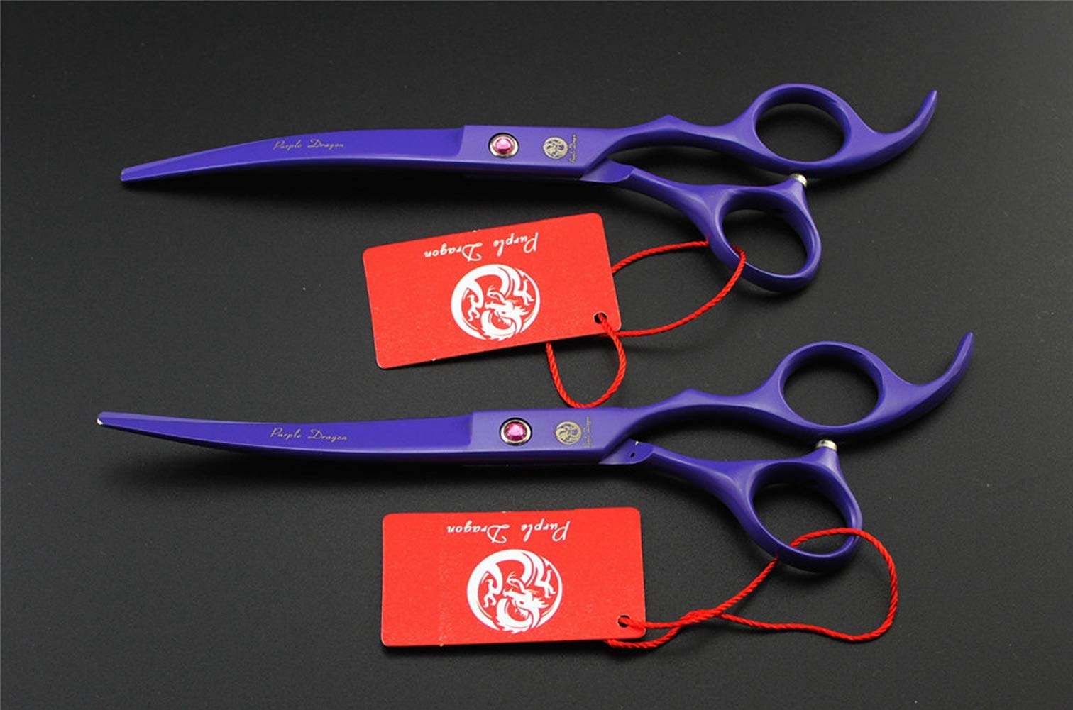 Purple Dragon 7in straight-cutting-shear for long hair and body fur precision.