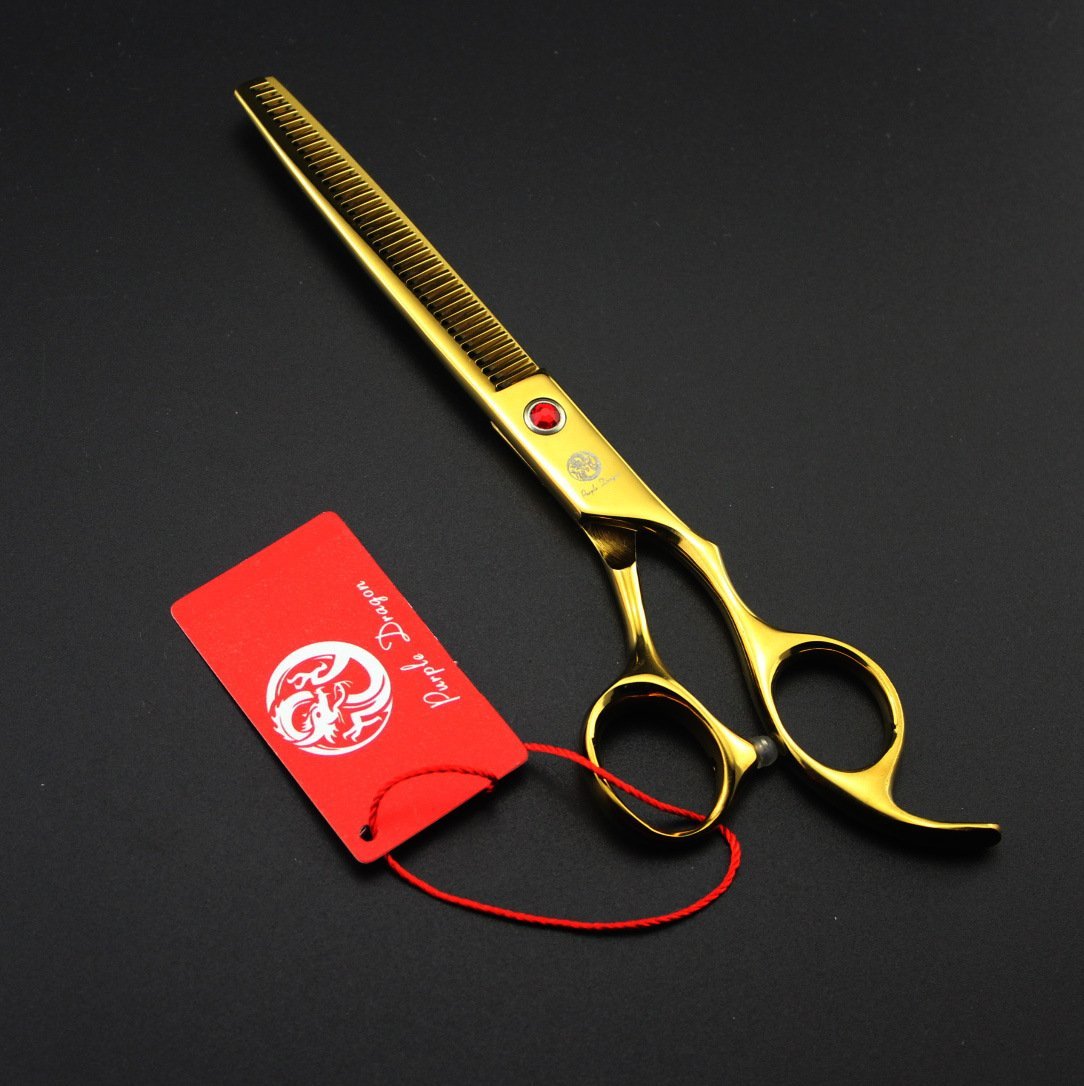 Purple Dragon 7in upward curved scissor for shaping fluffy coats and detail work.