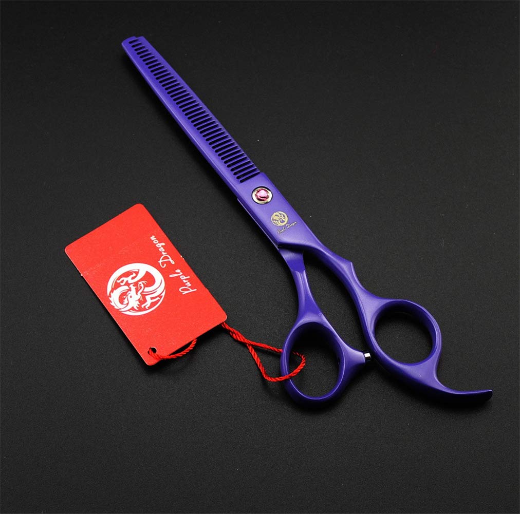 Purple Dragon 7in upward-curved-shear helps shape fluffy legs and paws evenly.