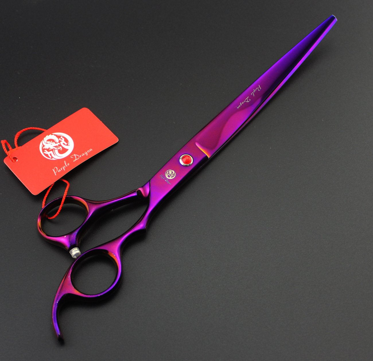Purple Dragon dog straight shear closeup highlights sharp blade for fast trims