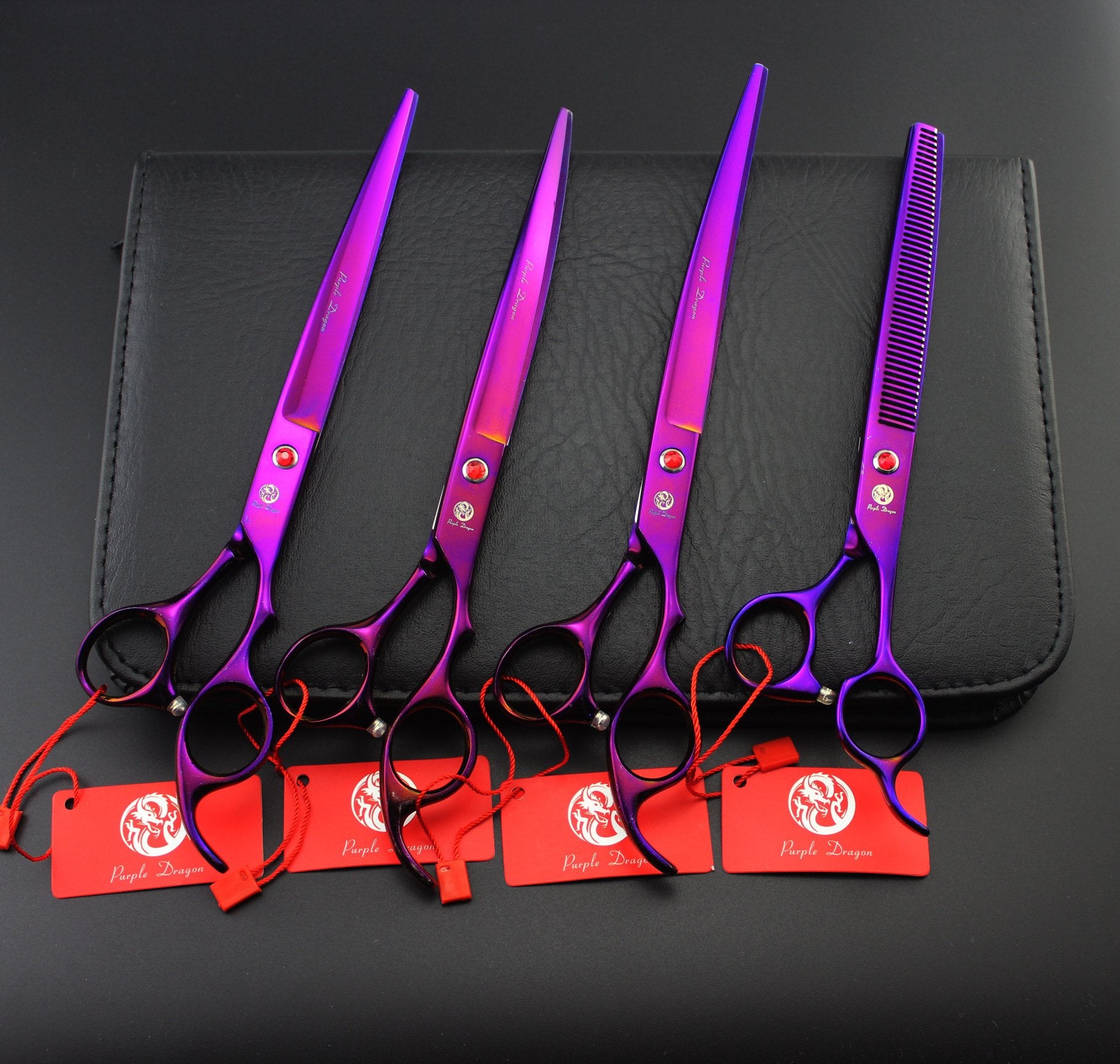 Purple Dragon curved shear pair in bag demonstrates home grooming convenience
