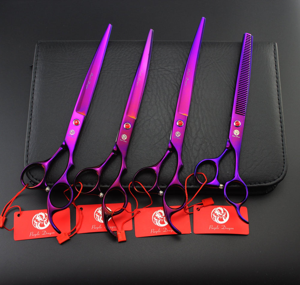 Purple Dragon curved shear pair in bag demonstrates home grooming convenience