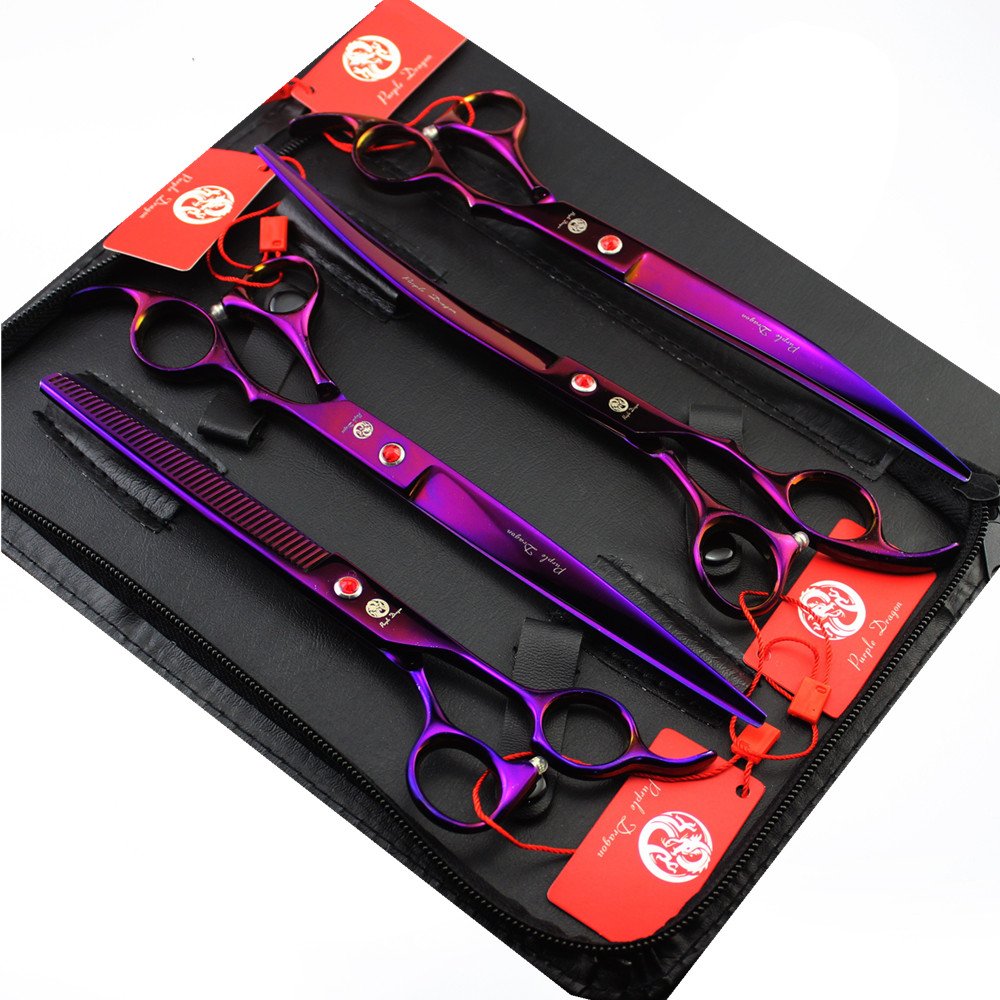 Purple Dragon 8inch pet grooming scissors blade closeup for precise cuts