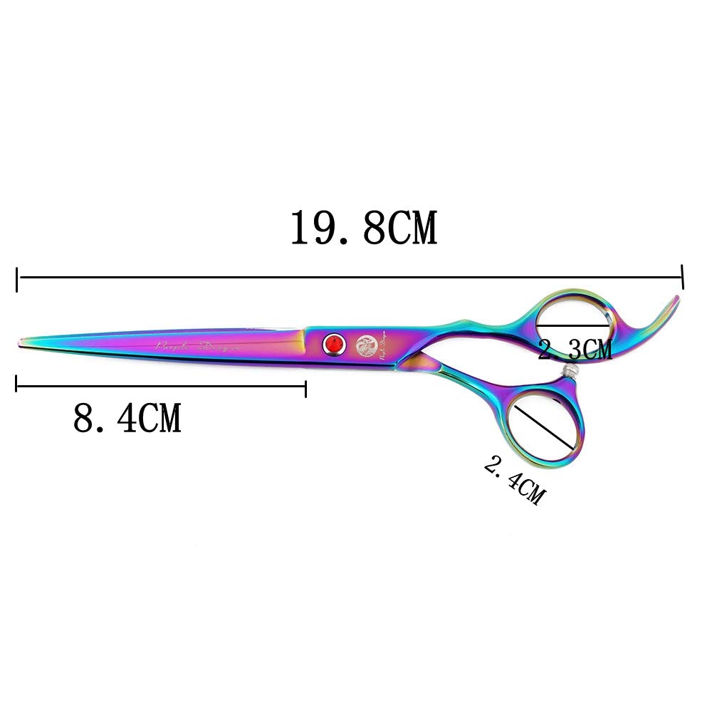 Purple Dragon blade closeup grooming scissors highlight sharp, durable edge for pets.