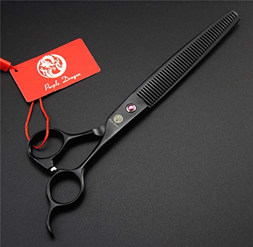 Purple Dragon curved thinning blade highlighting professional edge for pets.