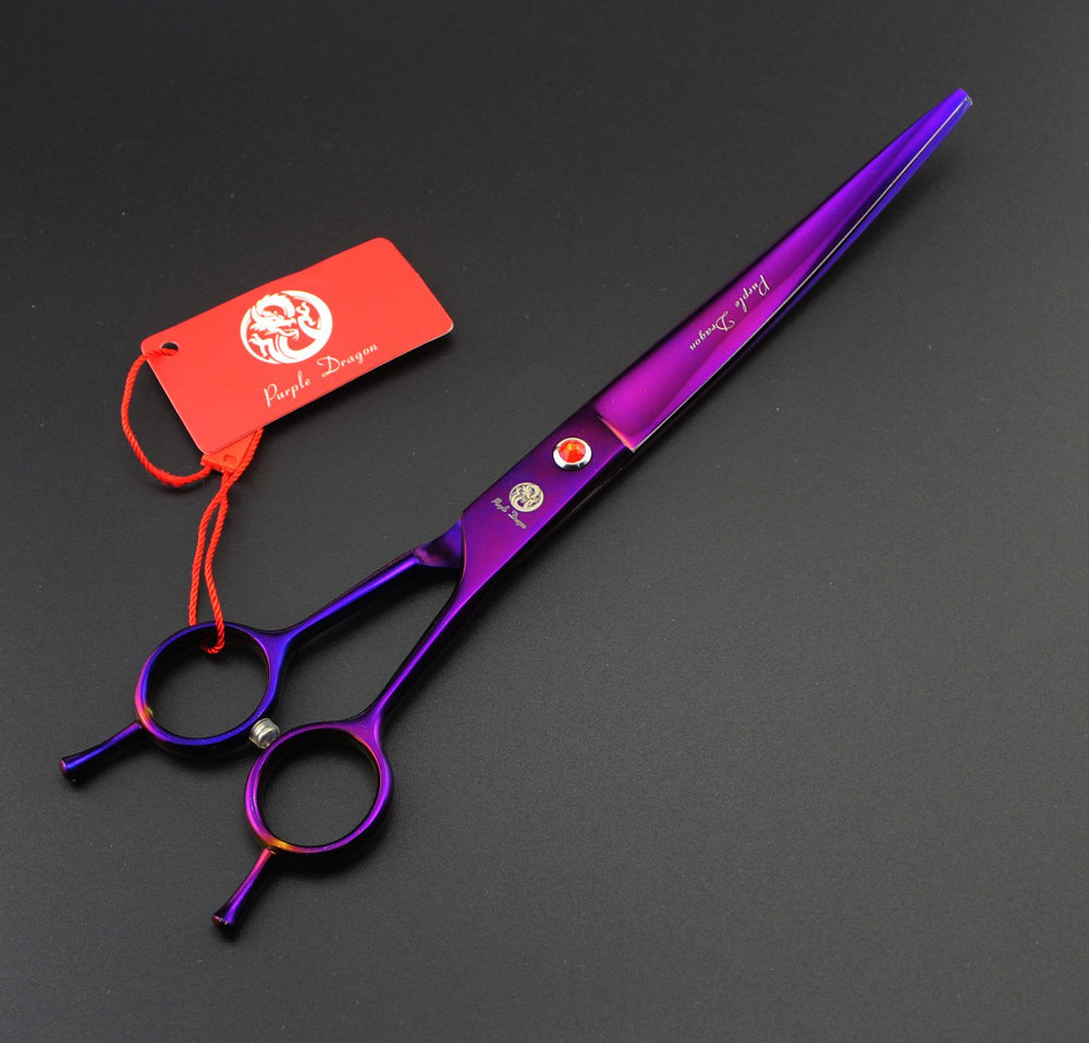 Purple Dragon dog grooming scissors closeup blade highlights sharp, smooth cutting action