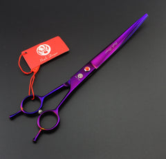 Purple Dragon dog grooming scissors closeup blade highlights sharp, smooth cutting action