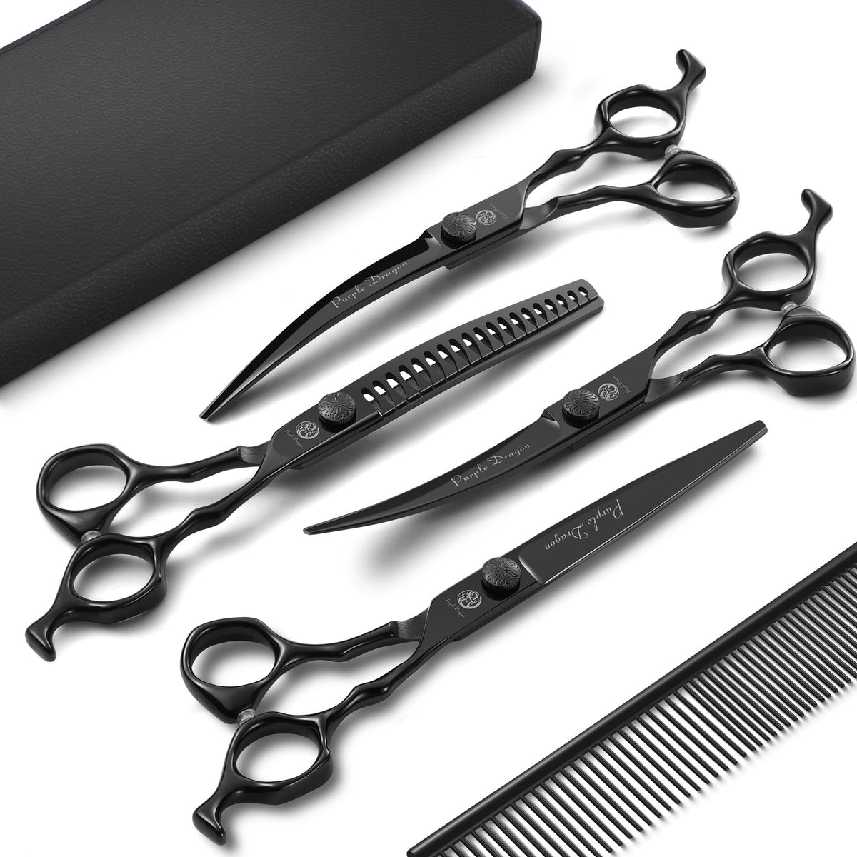 Purple Dragon dog grooming scissors set case offers organized storage for on-the-go grooming.