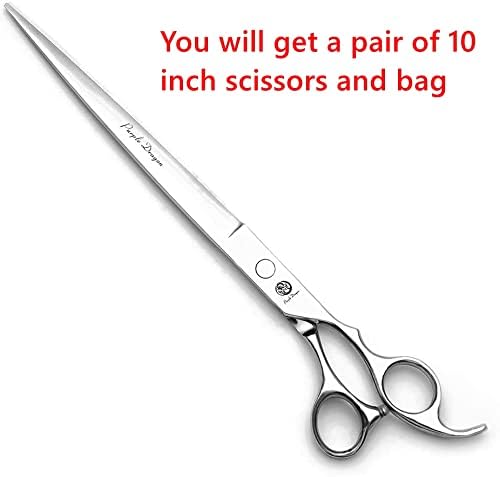Purple Dragon pet grooming shears used on dog or cat for efficient trimming.
