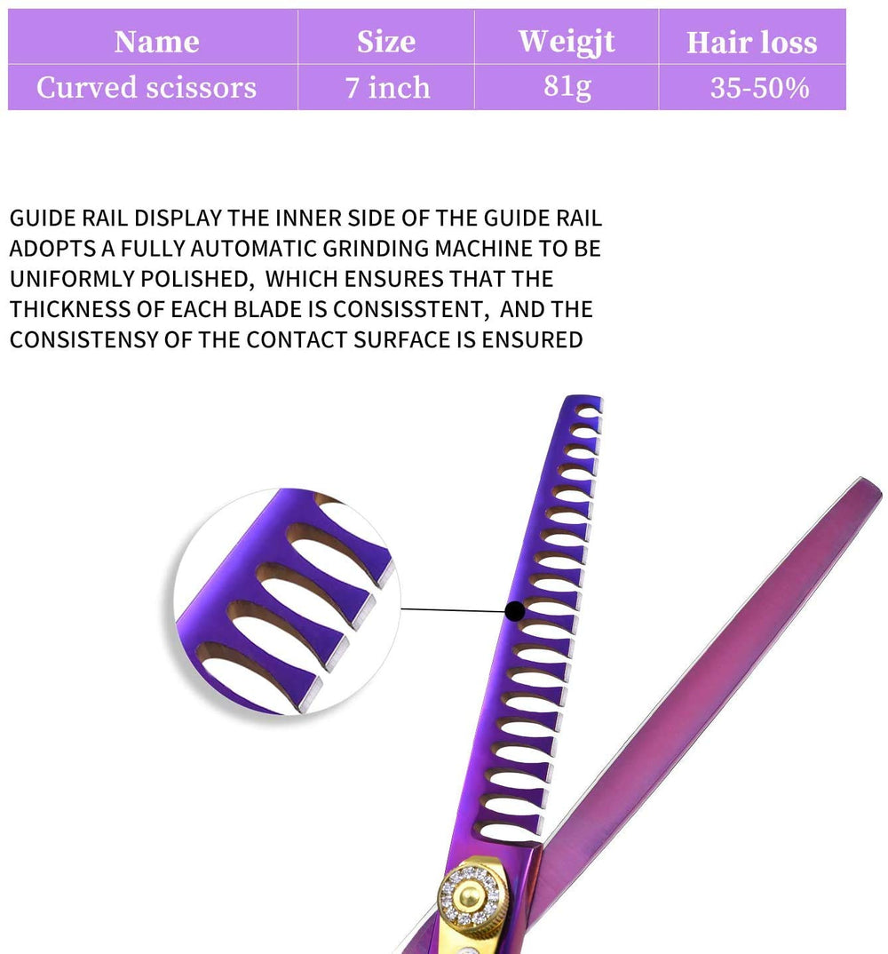 Purple Dragon ergonomic grip hair scissors designed for comfortable long grooming sessions.
