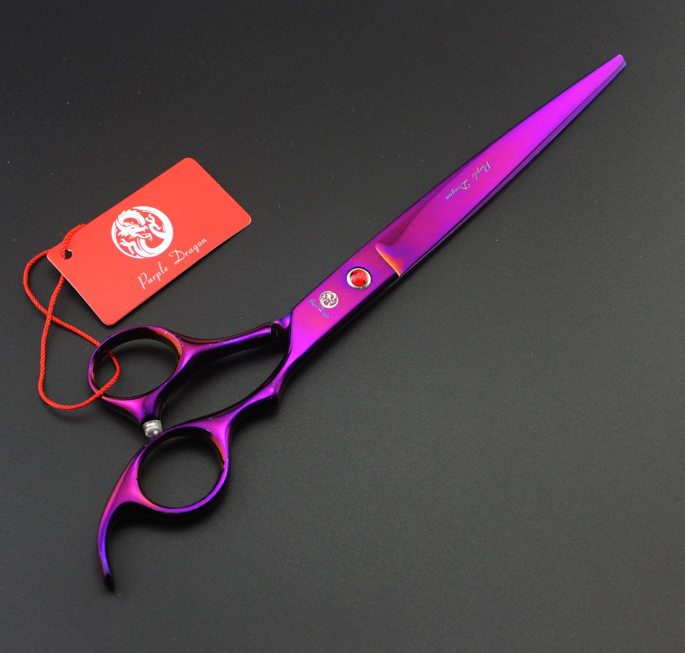 Purple Dragon upward-curved shears handle supports comfortable grip during long grooming sessions