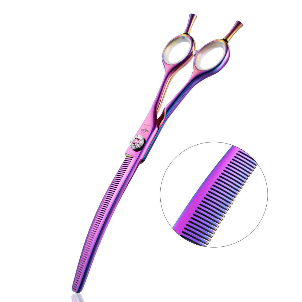 PurpleBird 7inch downward curved dog grooming scissors for precise thinning and texturizing.