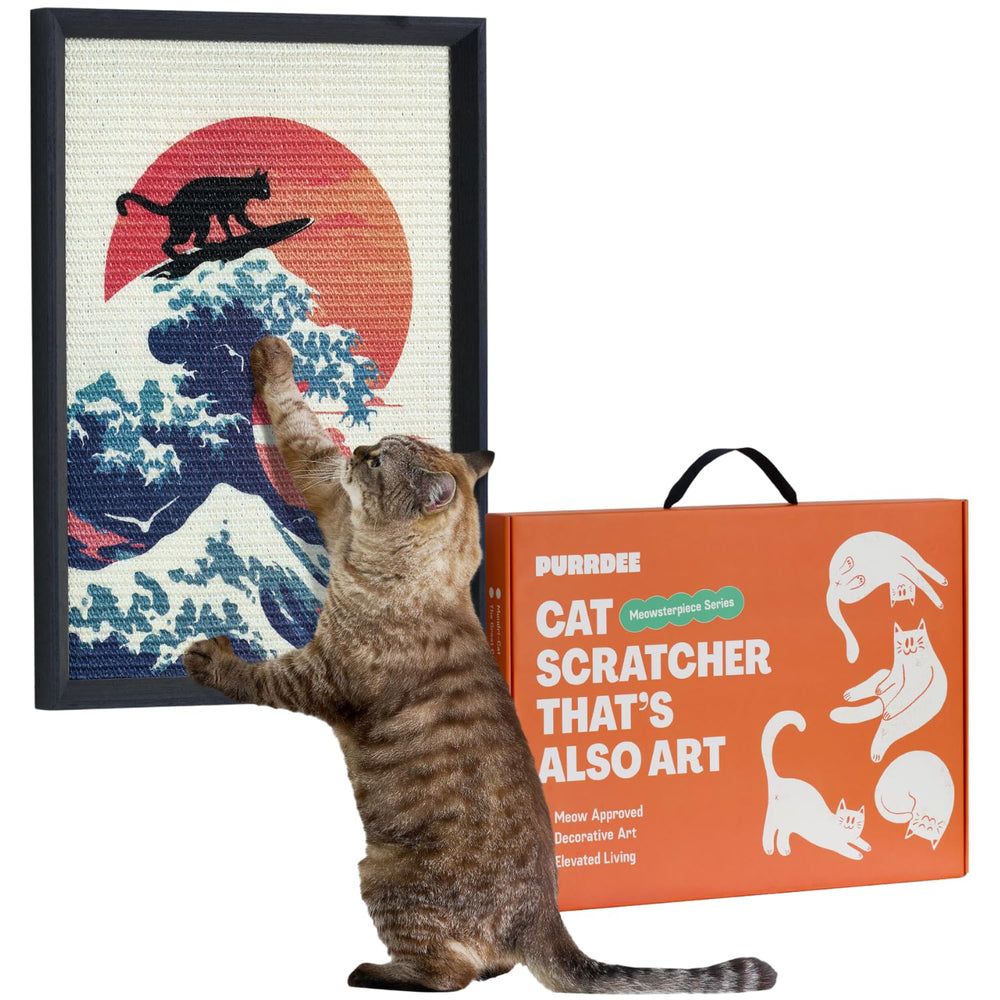 PURRDEE The Cat Wave framed sisal scratchpad on wall art decor for space-saving scratching.