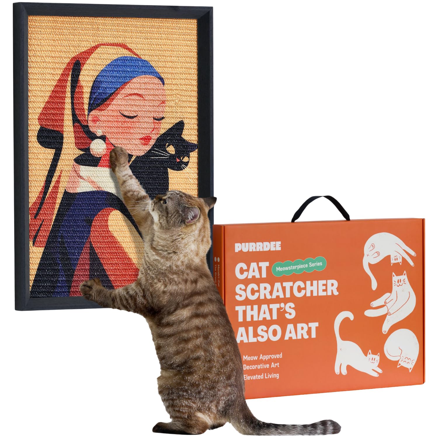 PURRDEE Girl with Purr wall art framed sisal scratcher front view showcases durable scratching surface