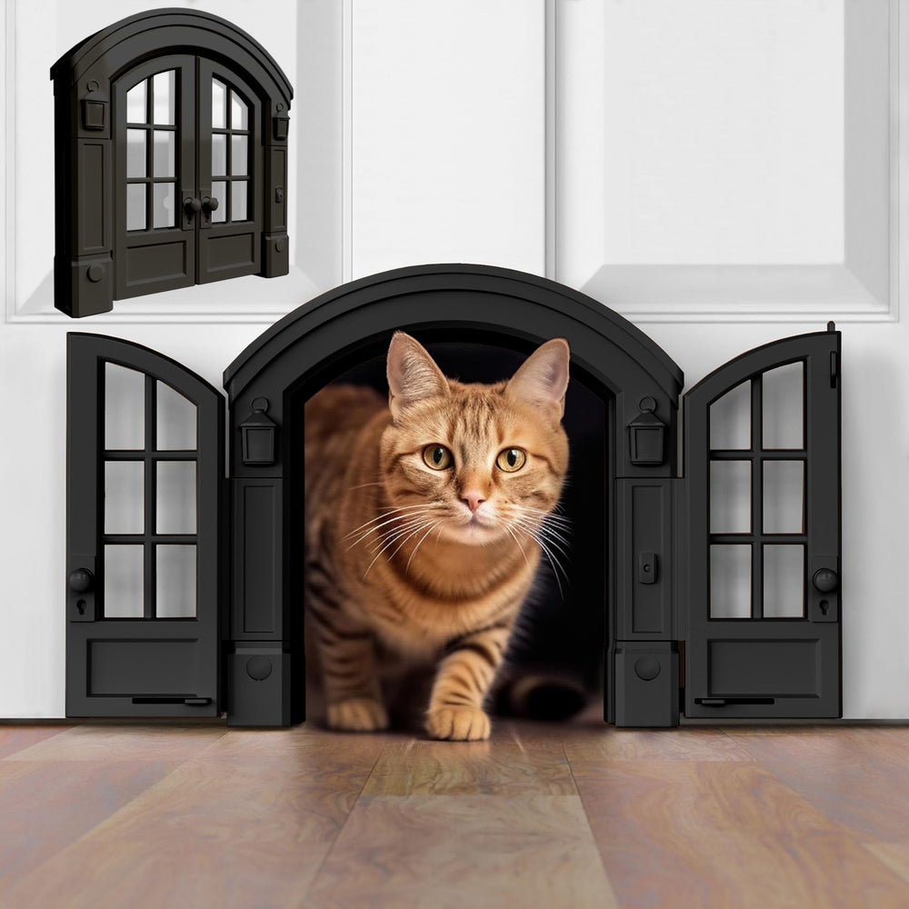 Purrfect Portal French Cat Door front view showcases a stylish white interior fit with discreet privacy