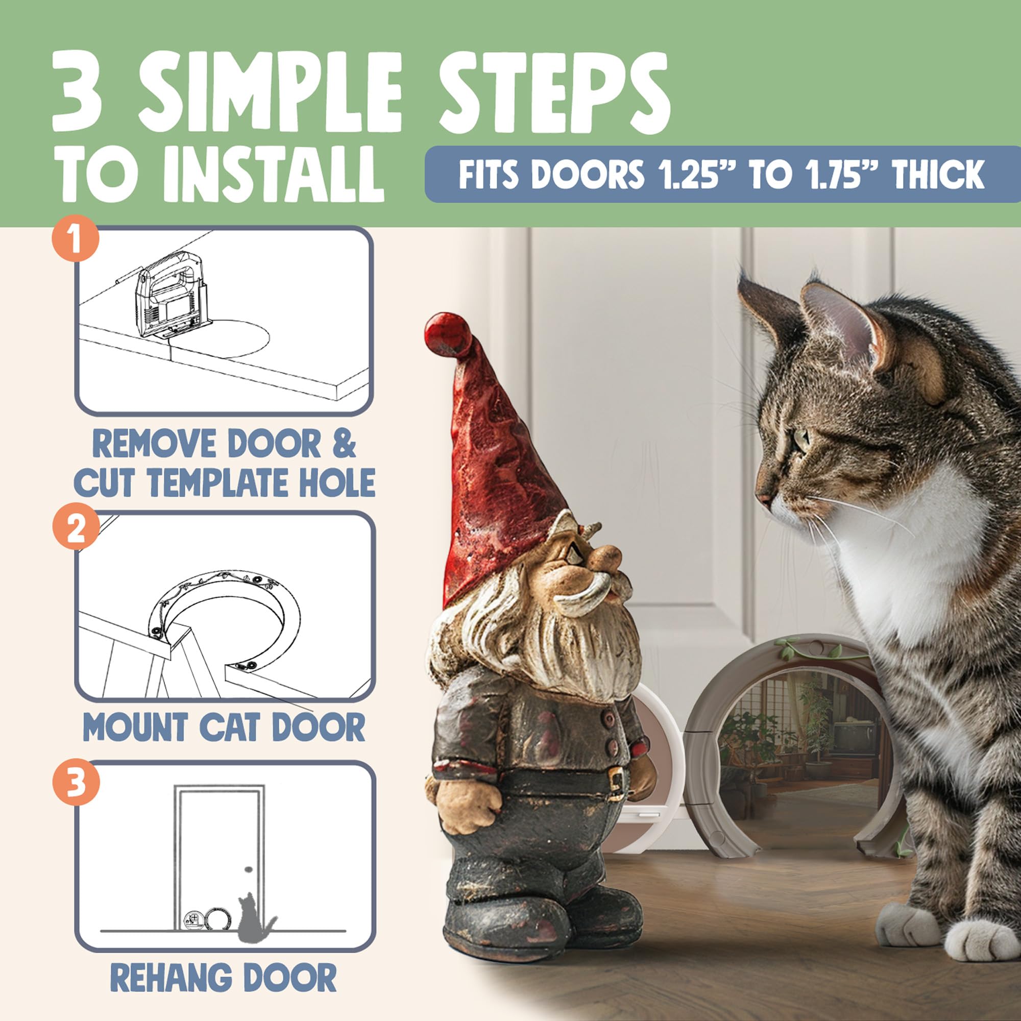 Purrfect Portal Gnome Door cat-access: spacious entry for cats up to 20 lbs.