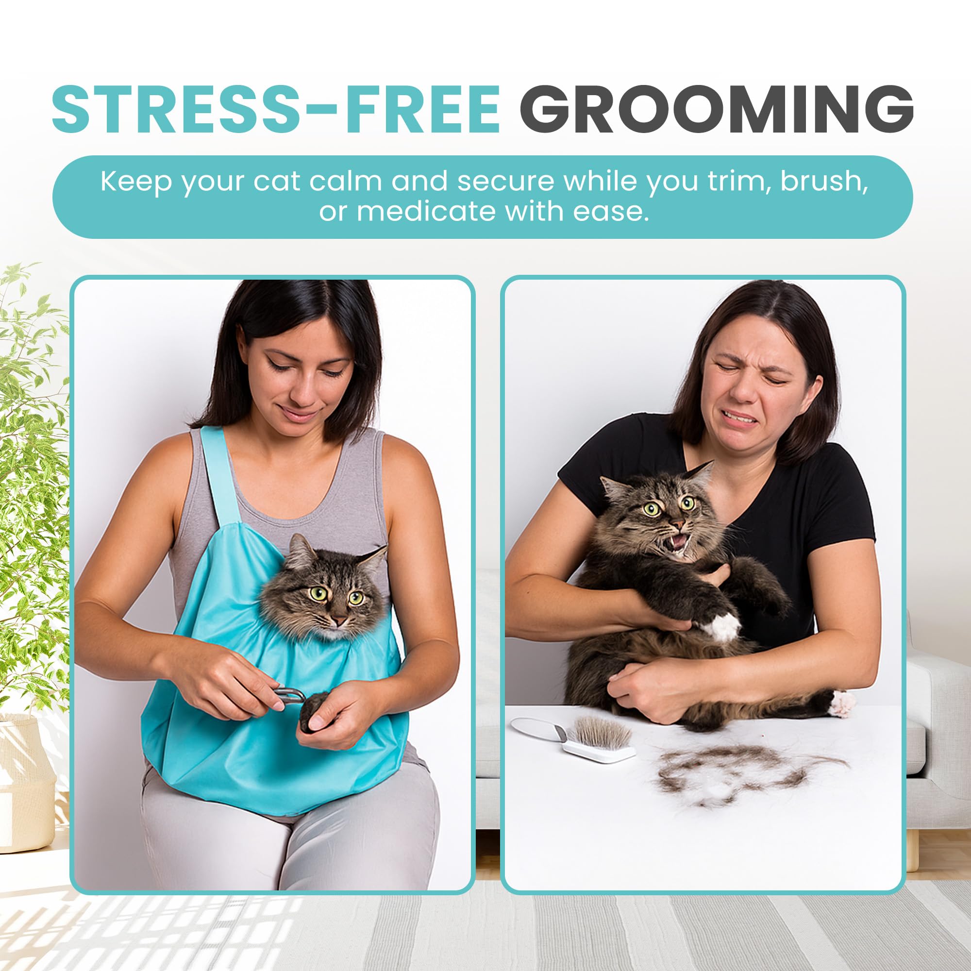 PURRFECT POUCH front paw openings simplify clipping paws securely