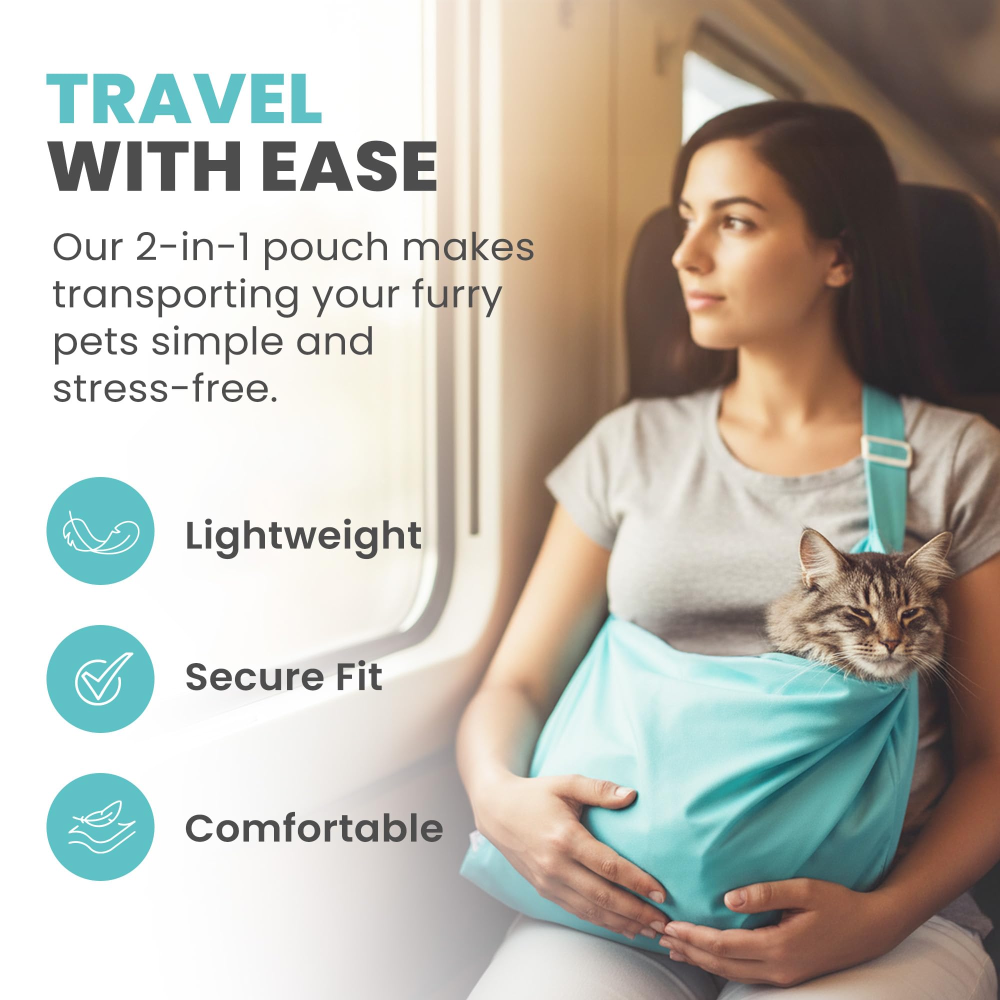 PURRFECT POUCH seat belt-ready strap for secure car rides