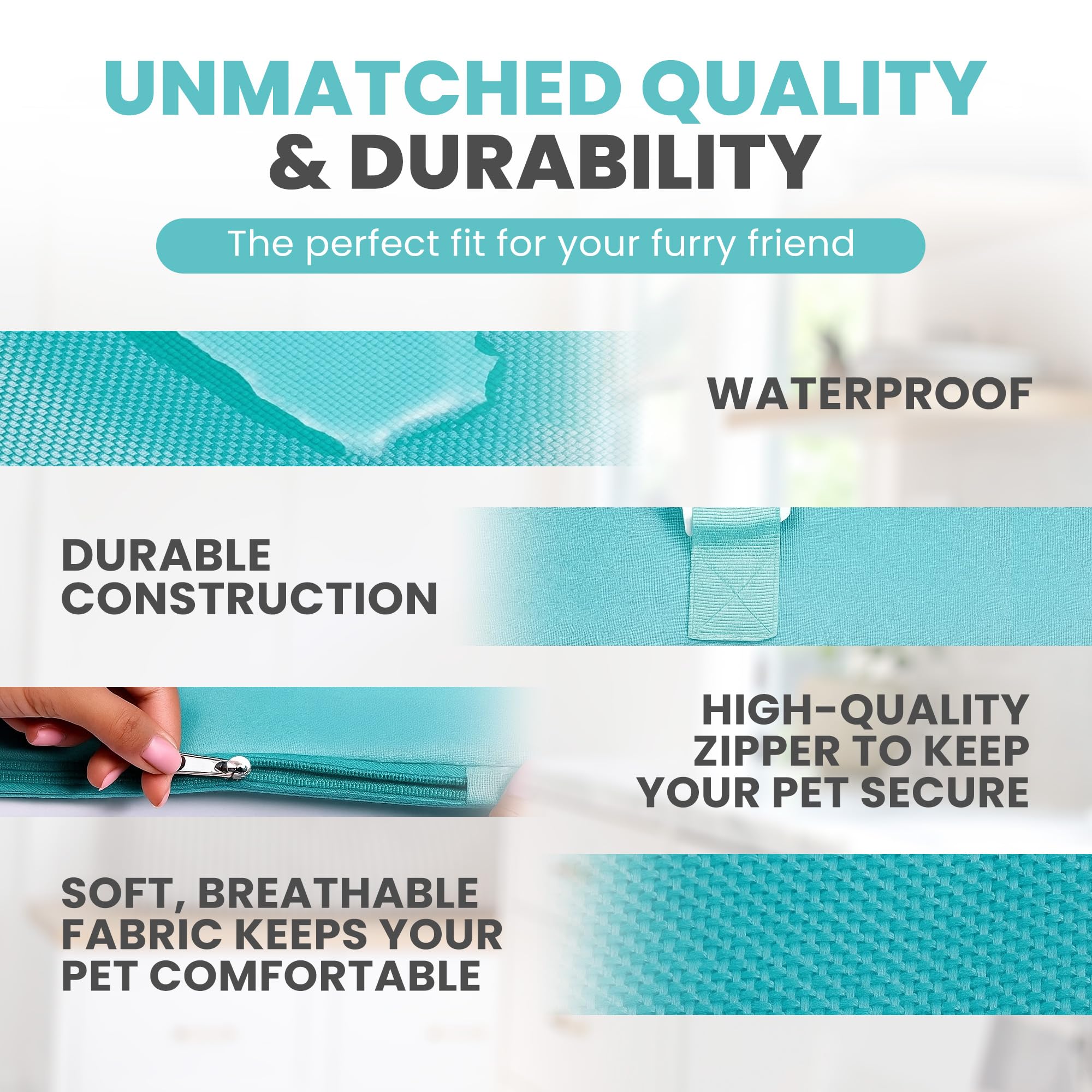 PURRFECT POUCH water-resistant fabric keeps moisture out during car rides