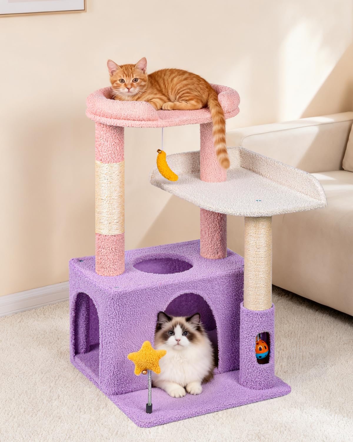 Purrlato 32in cat tower condo provides cozy privacy for indoor cats during naps.