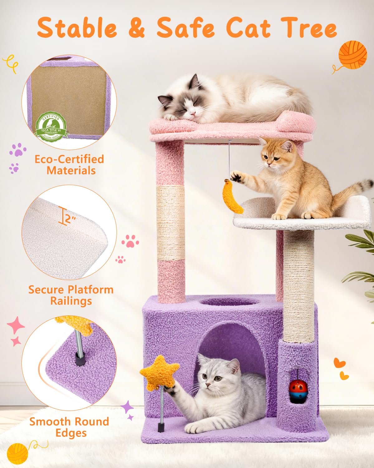 Purrlato 32in cat tower Moonlit Violet dangling ball adds playful engagement for curious kittens.
