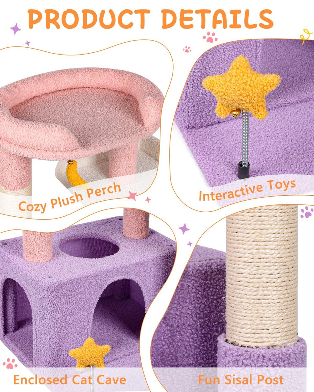 Purrlato 32in cat tower Moonlit Violet hammock invites cats to relax in a cozy cocoon.