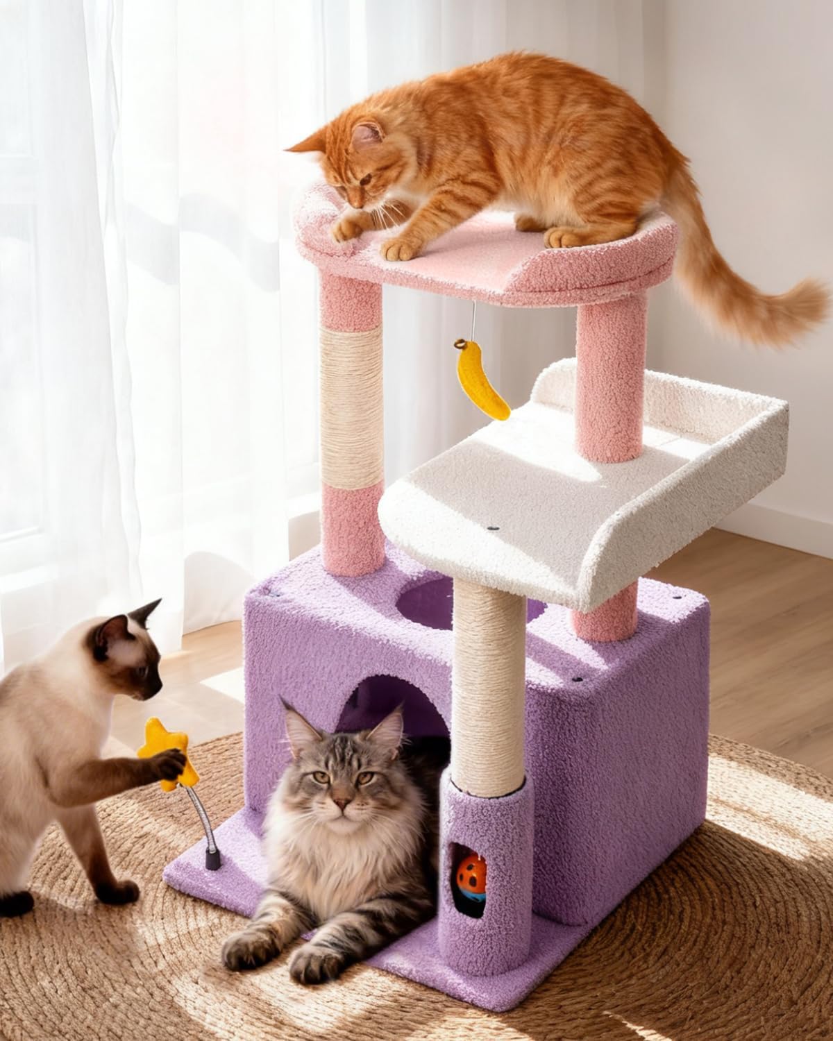 Purrlato 32in cat tower Moonlit Violet plush platform offers a soft perch for lounging.