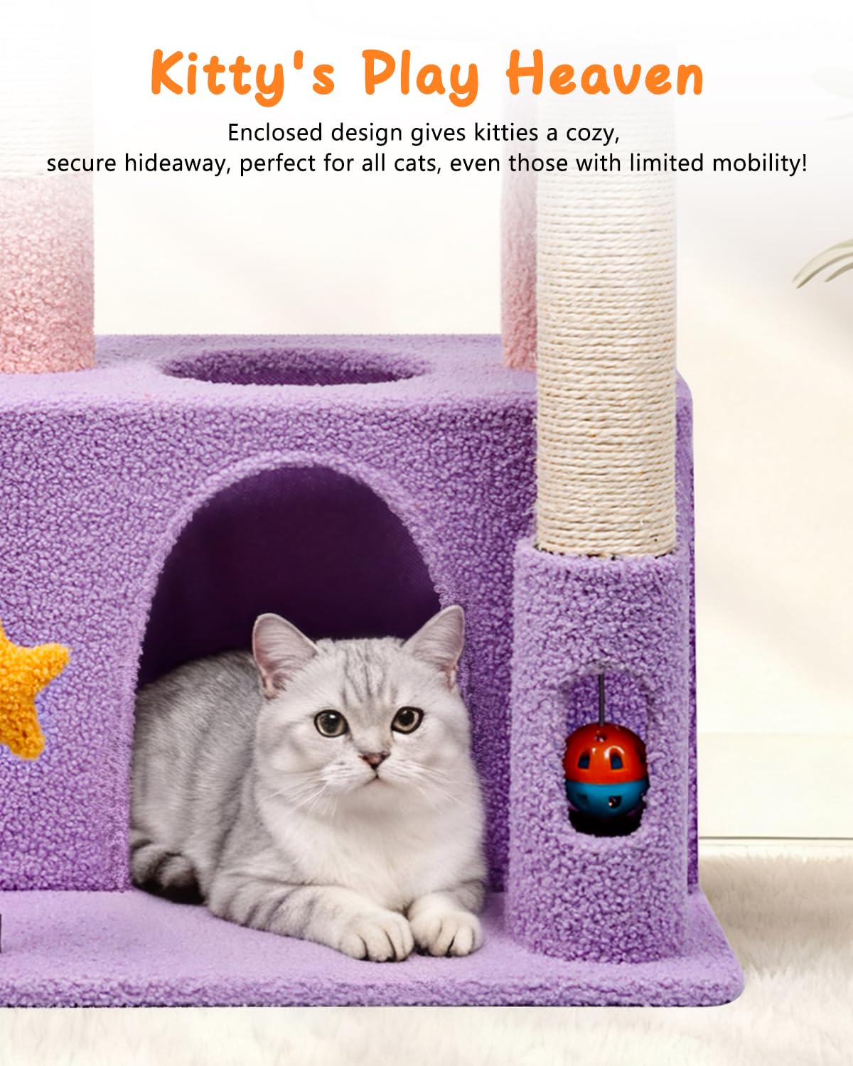 Purrlato 32in cat tower Moonlit Violet sisal posts encourage scratching and furniture protection.
