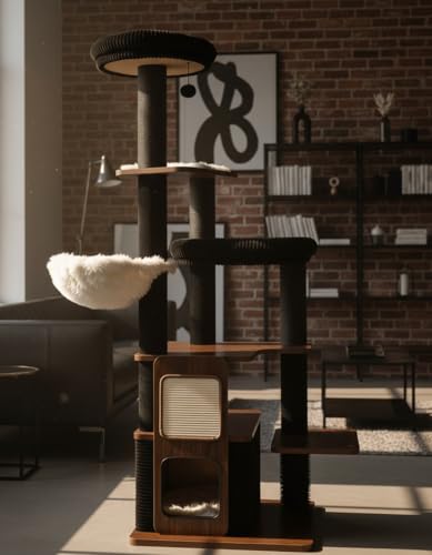 Purrlato 63-inch modern cat tree in room-styled photo demonstrates seamless integration with home décor.