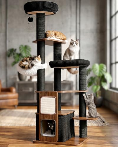 Purrlato 63-inch cat tree scratching post highlights wear-resistant sisal for long-lasting claws.